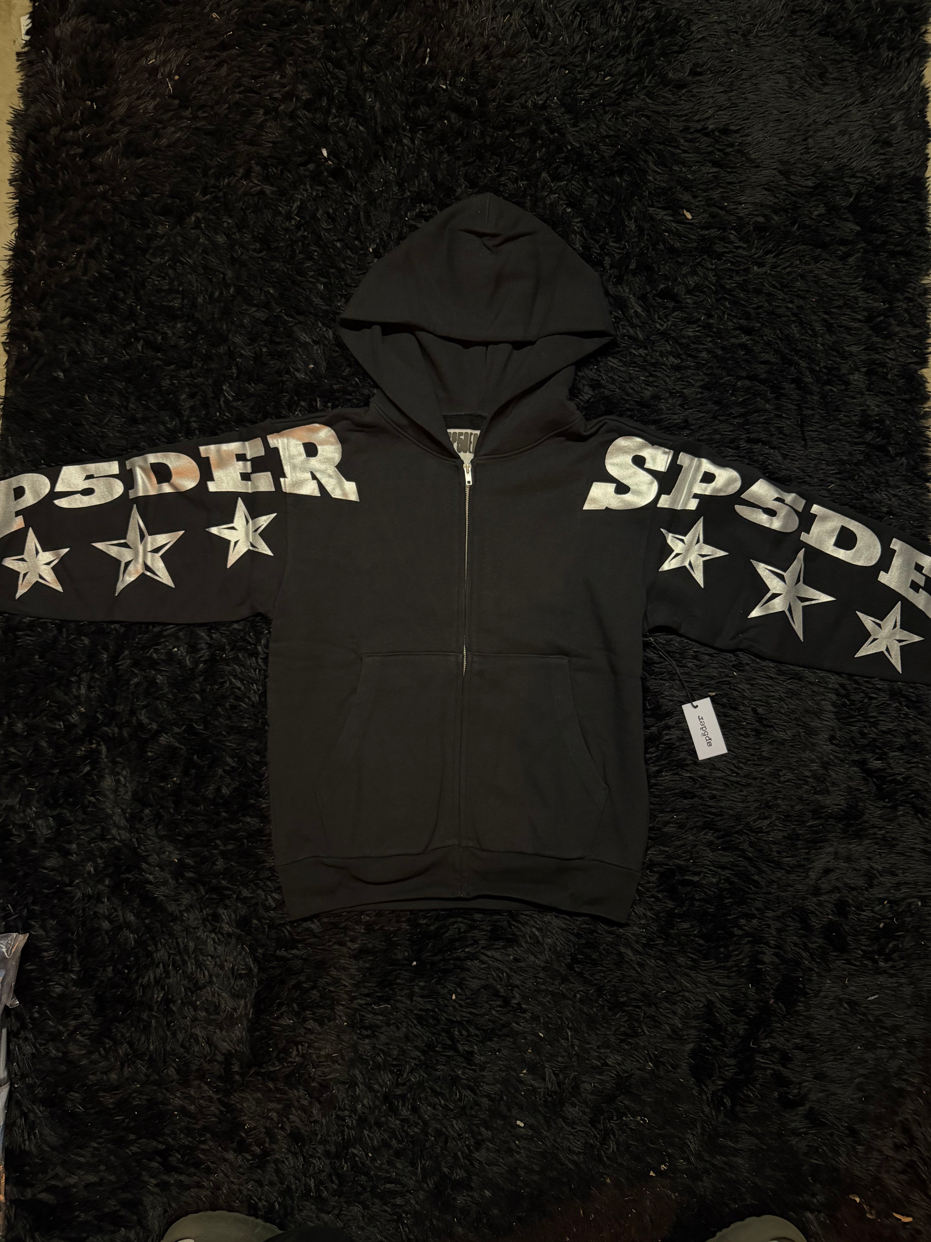 Sp5der MX555 Zip Hoodie – Black / Silver Star Print