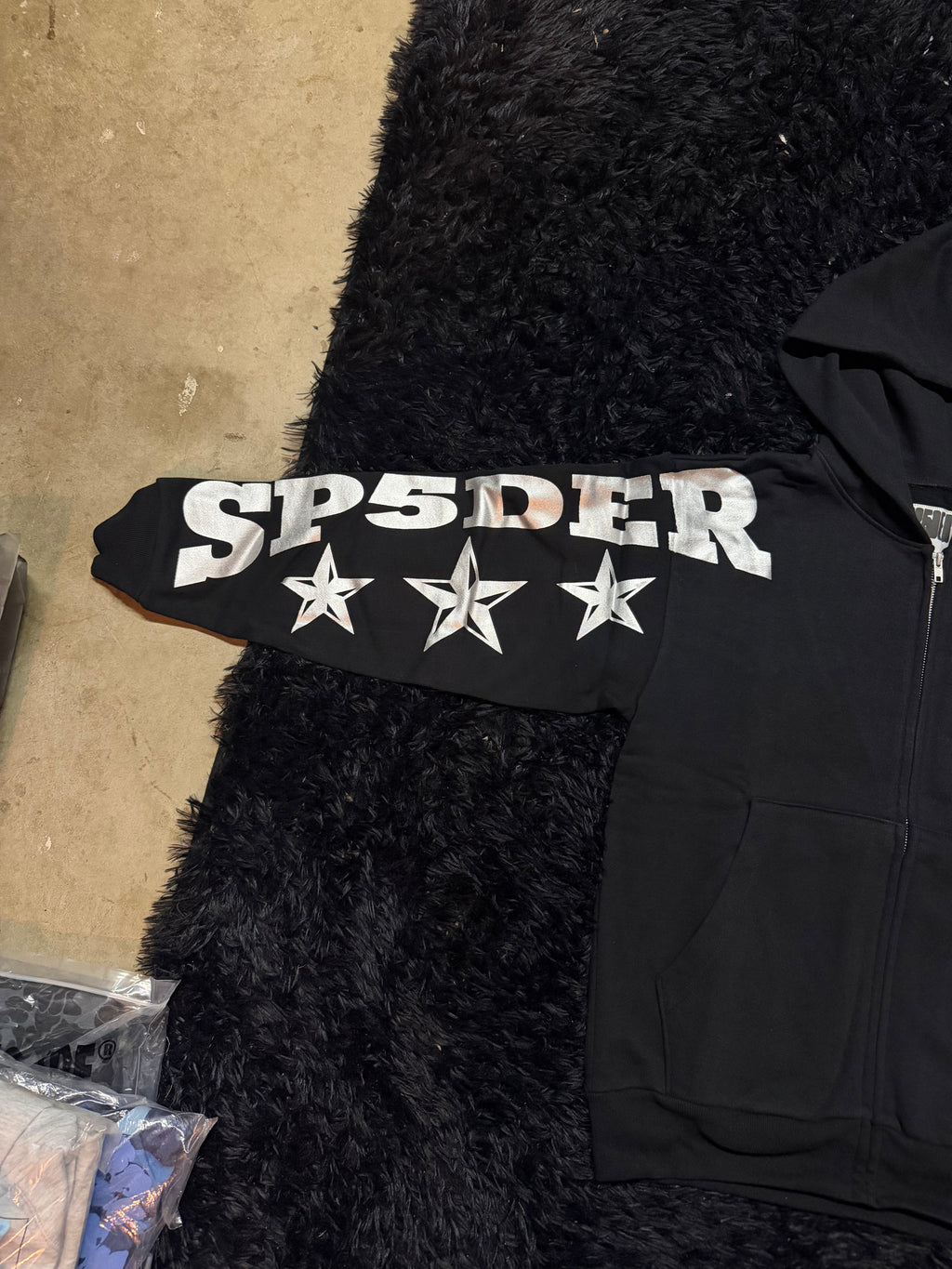 Sp5der MX555 Zip Hoodie – Black / Silver Star Print
