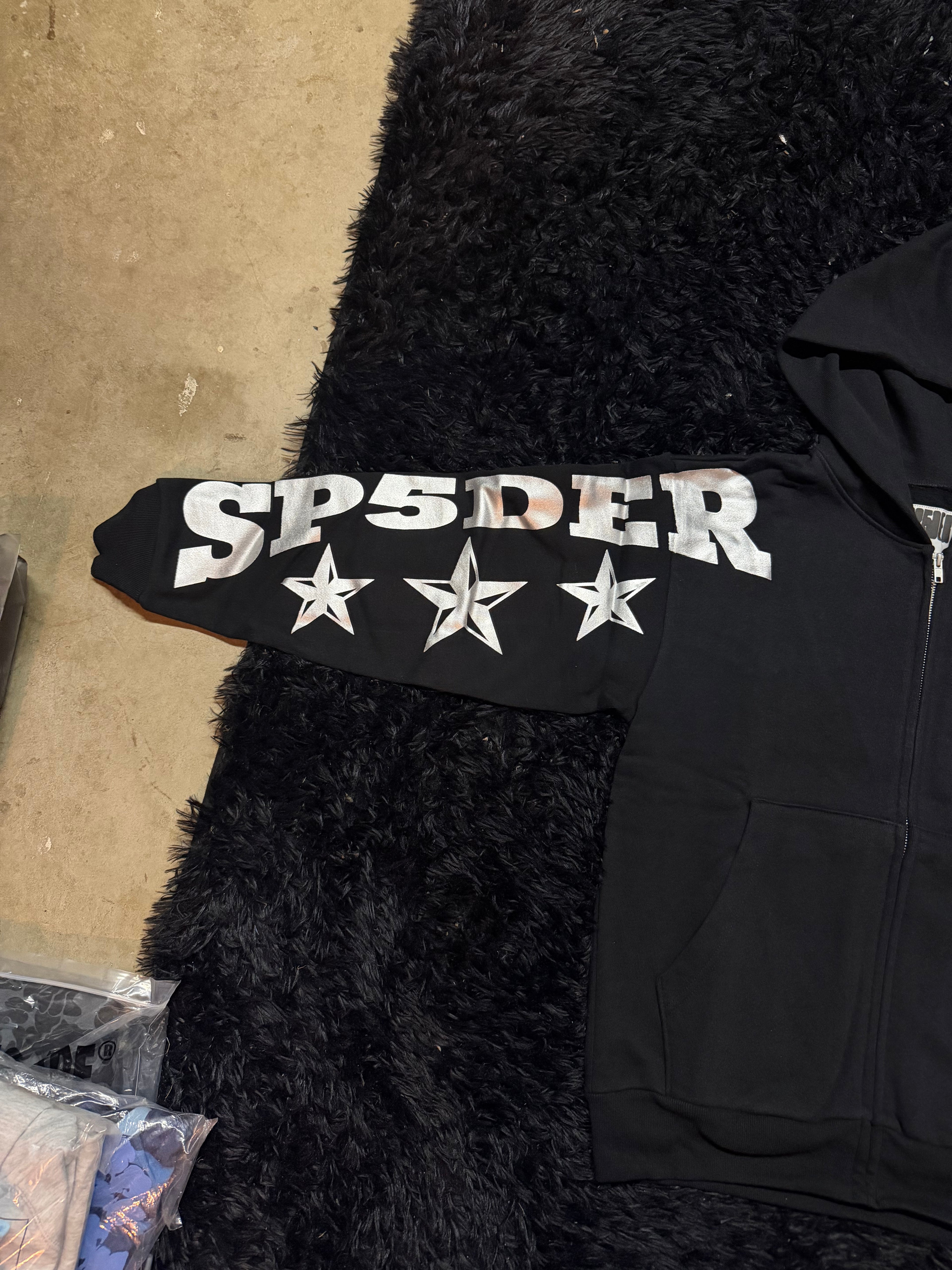 Sp5der MX555 Zip Hoodie – Black / Silver Star Print
