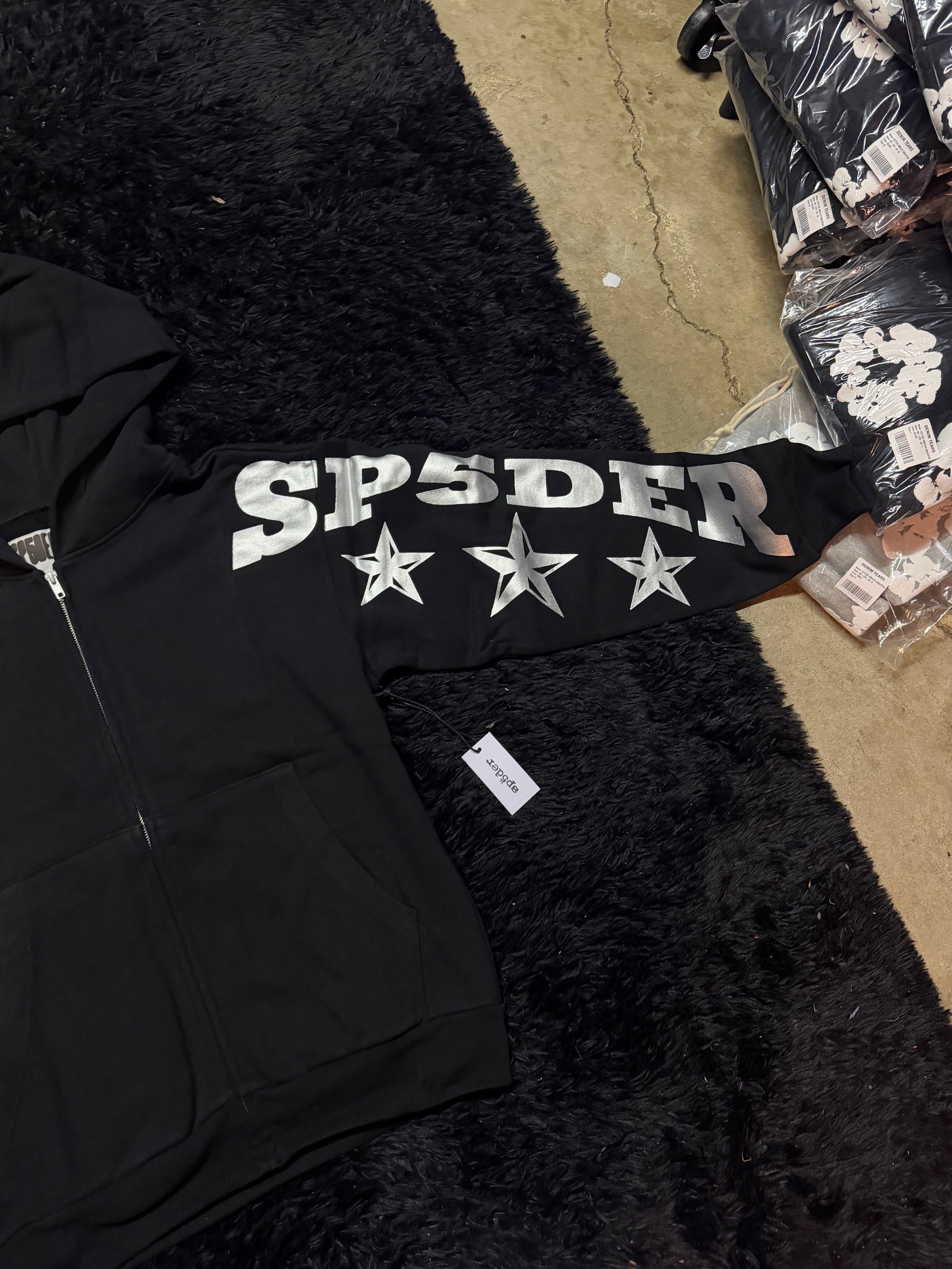 Sp5der MX555 Zip Hoodie – Black / Silver Star Print