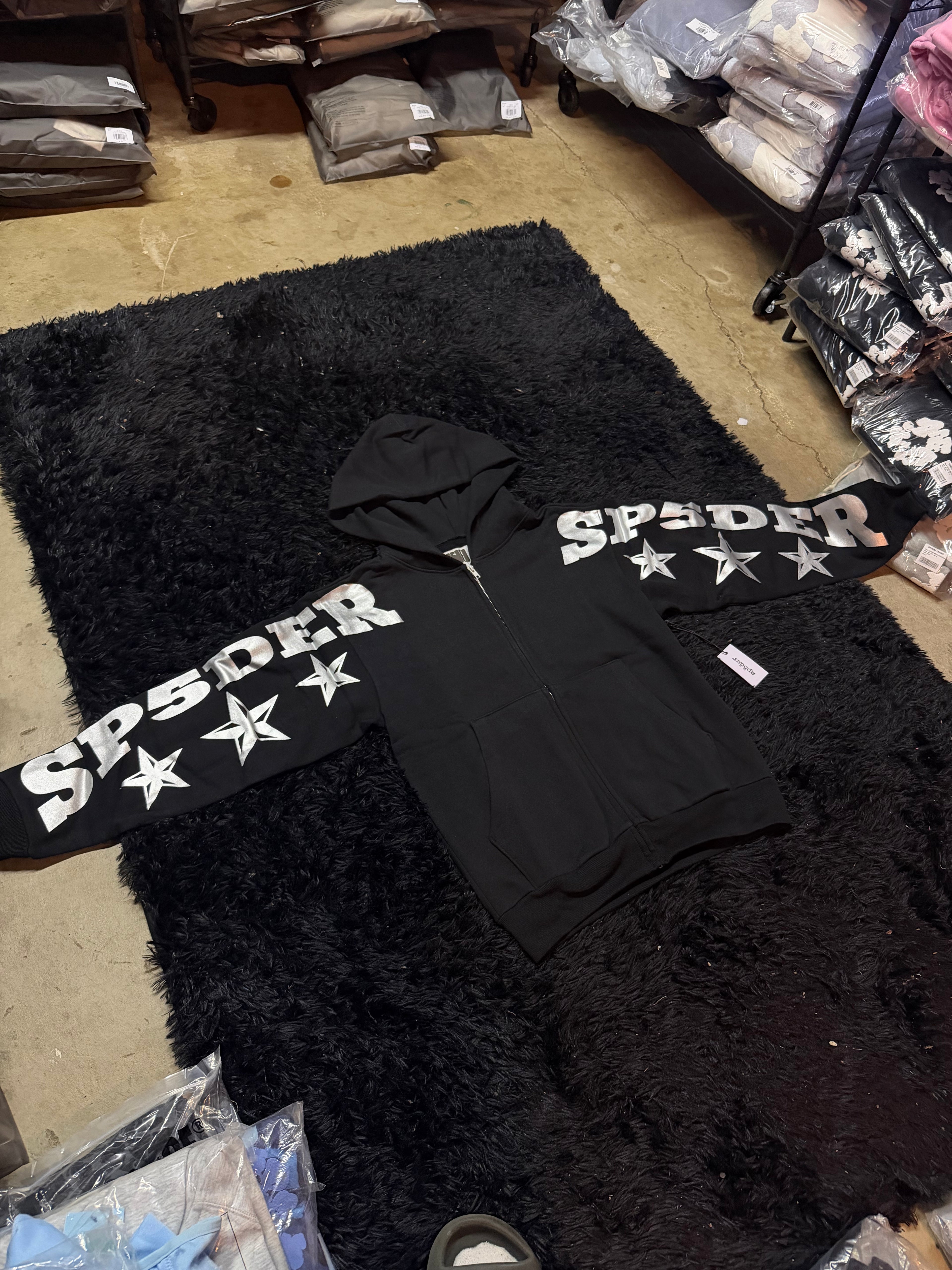 Sp5der MX555 Zip Hoodie – Black / Silver Star Print