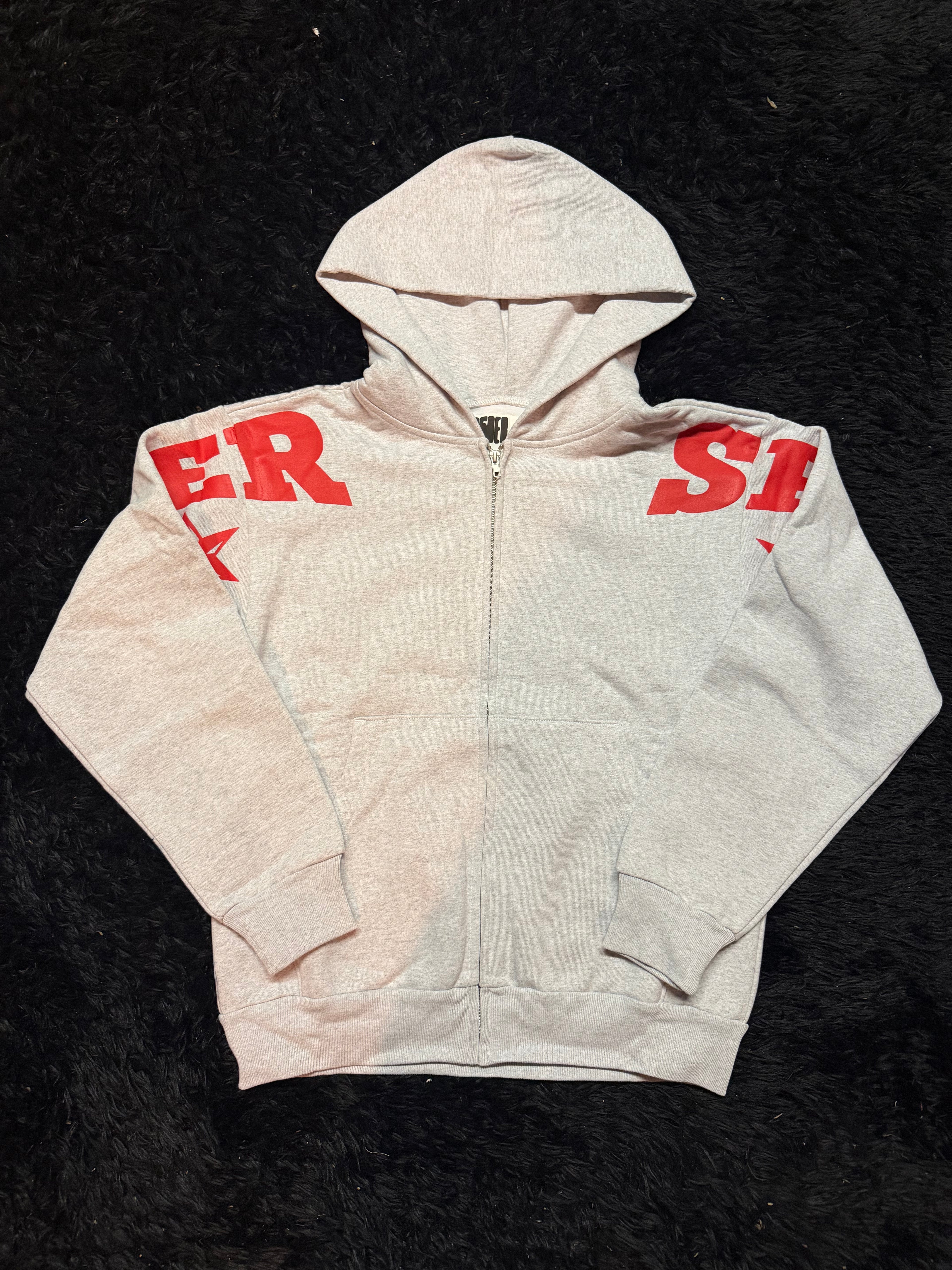 Sp5der MX555 Full Sweatsuit – Heather Grey / Red Star Print (Hoodie + Sweatpants Set)