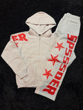 Sp5der MX555 Full Sweatsuit – Heather Grey / Red Star Print (Hoodie + Sweatpants Set)