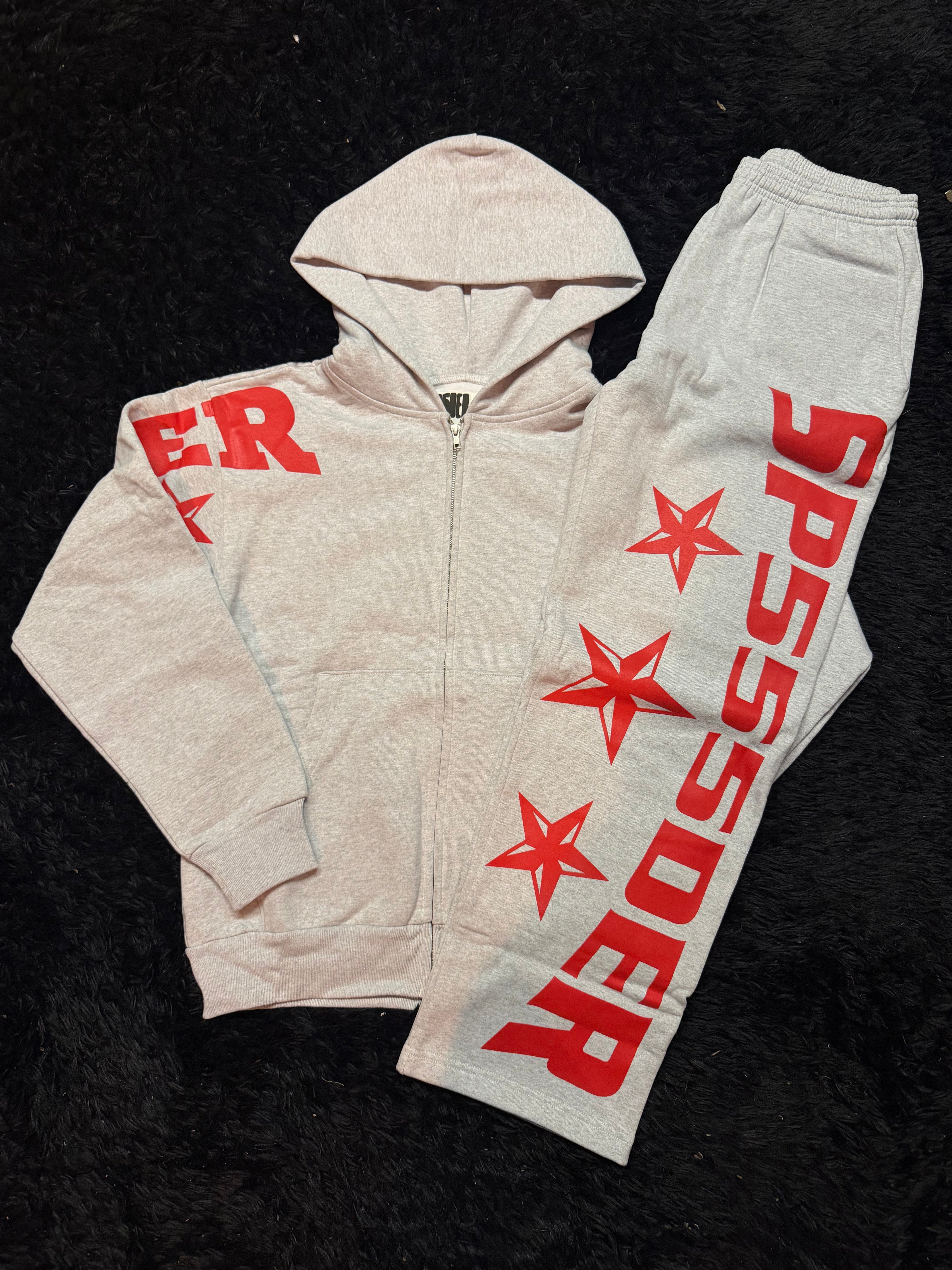 Sp5der MX555 Full Sweatsuit – Heather Grey / Red Star Print (Hoodie + Sweatpants Set)