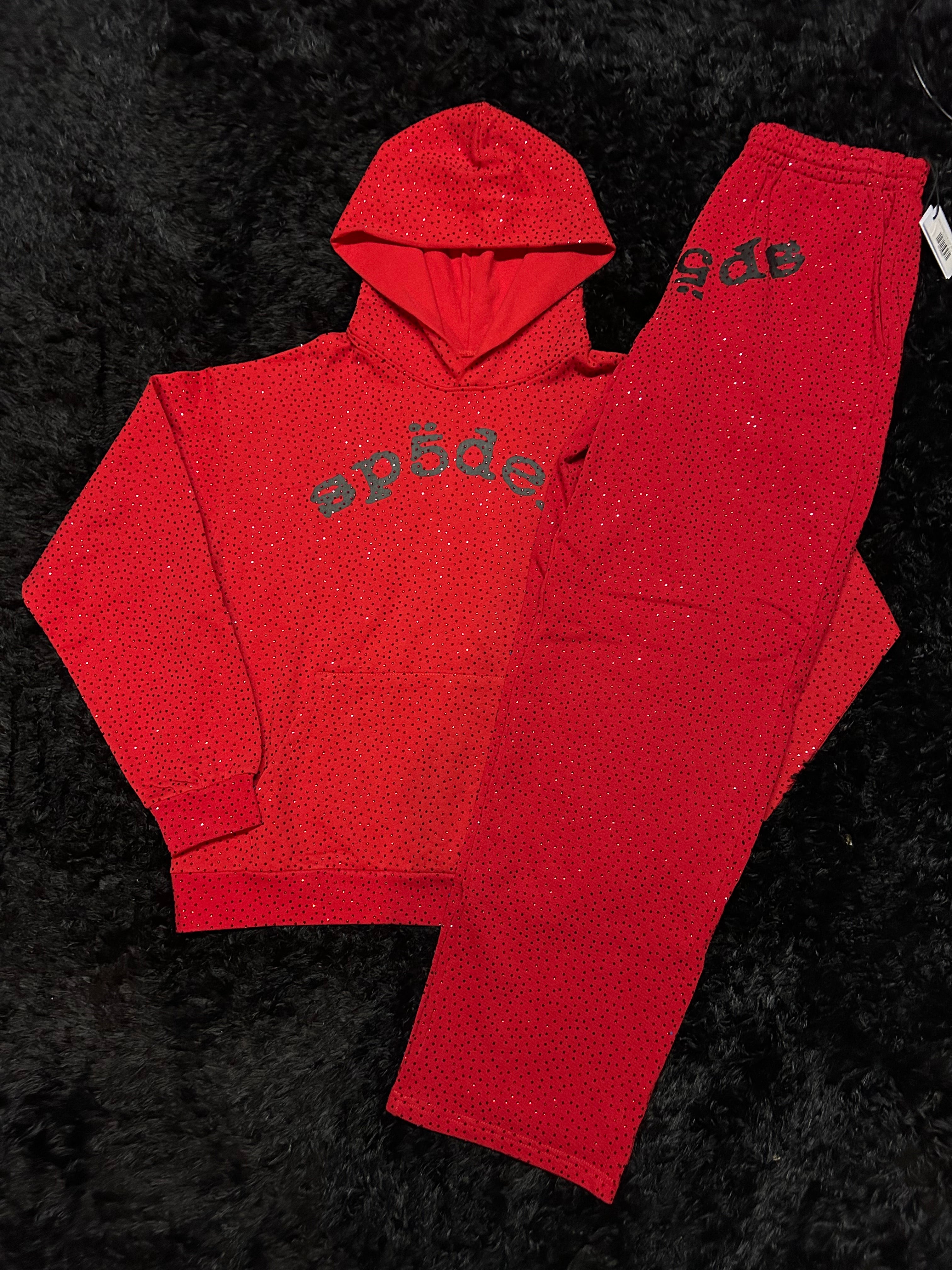 Sp5der VVS Sweatsuit – Red Rhinestone Web Set (Hoodie + Sweatpants)